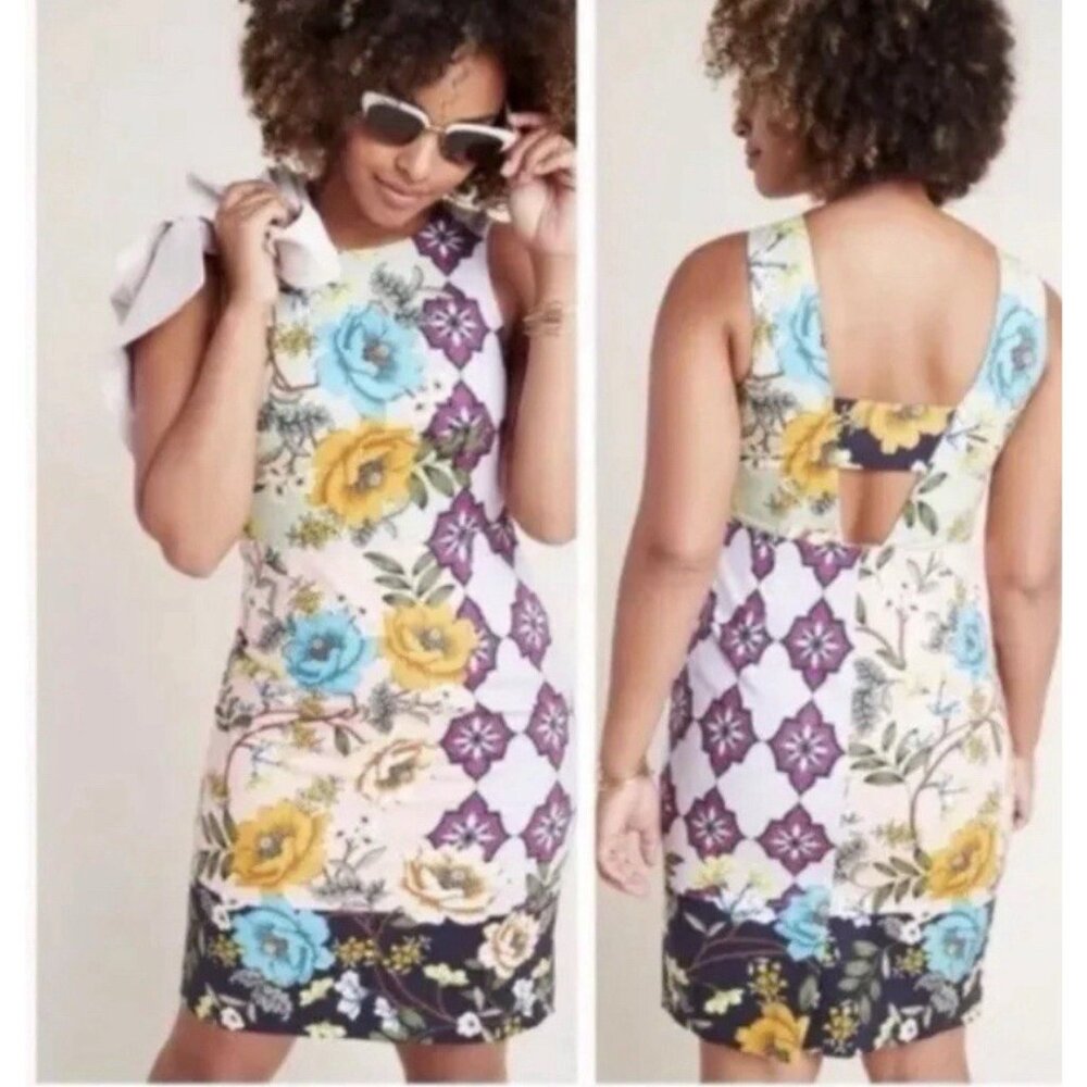 Anthropologie Maeve Dress 8 Open V Back Multicolor Stretch Cotton Washable
